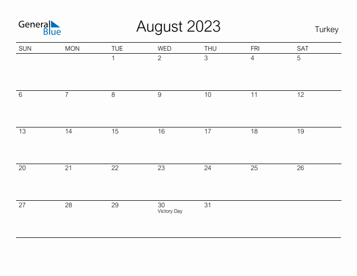 Printable August 2023 Calendar for Turkey