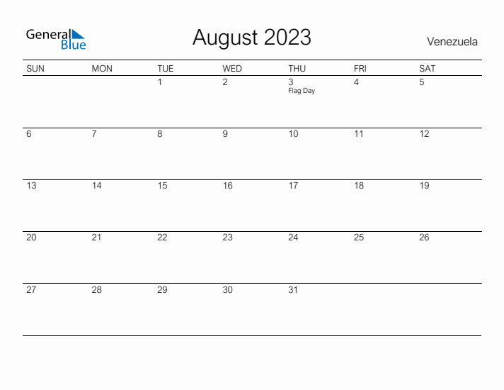 Printable August 2023 Calendar for Venezuela