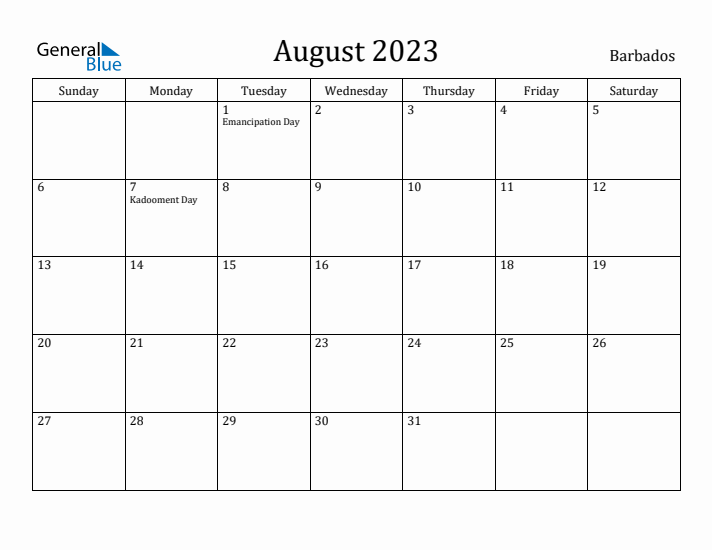 August 2023 Calendar Barbados