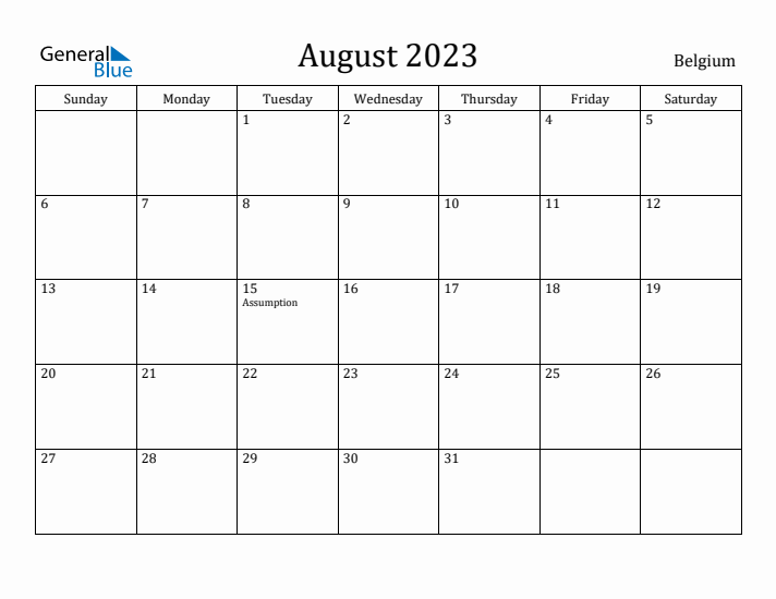 August 2023 Calendar Belgium