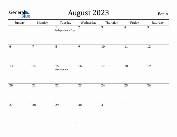 August 2023 Calendar Benin