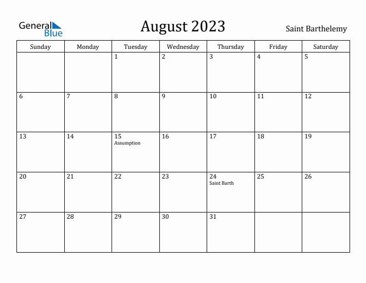 August 2023 Calendar Saint Barthelemy