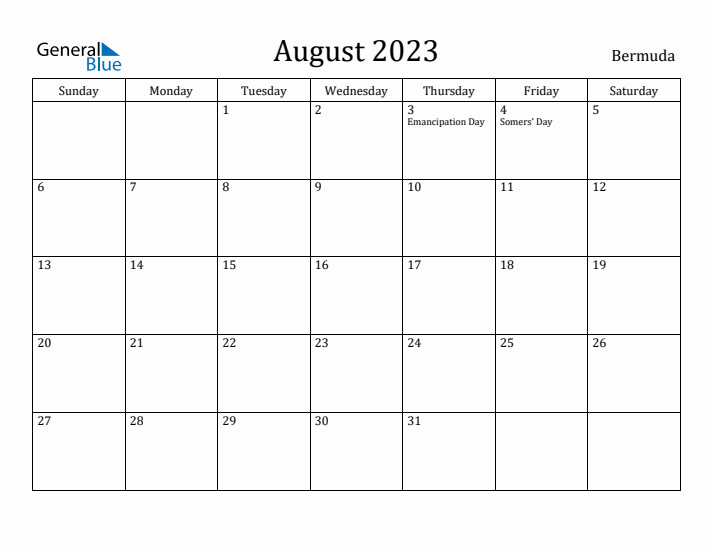 August 2023 Calendar Bermuda