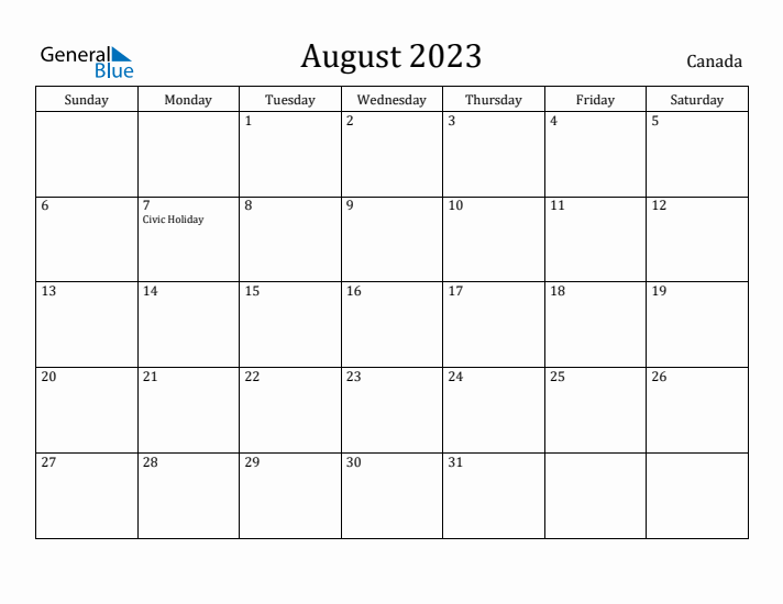 August 2023 Calendar Canada