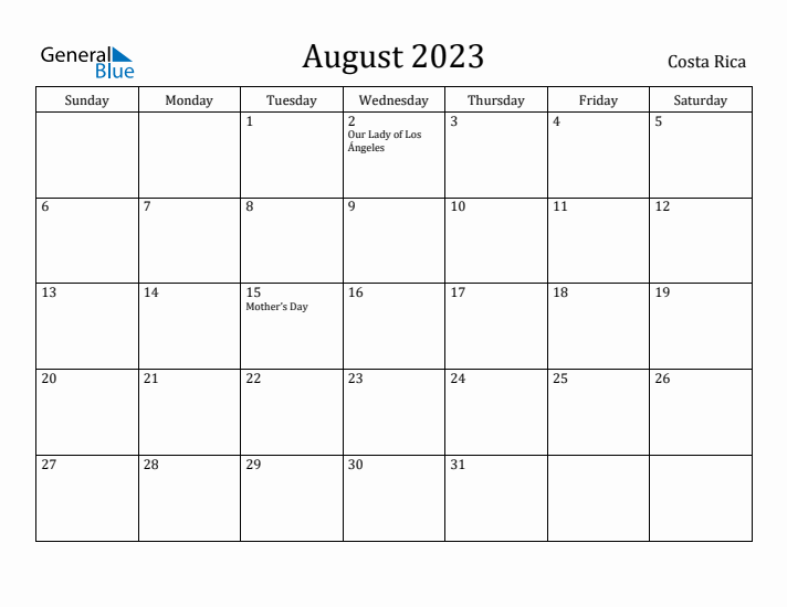 August 2023 Calendar Costa Rica