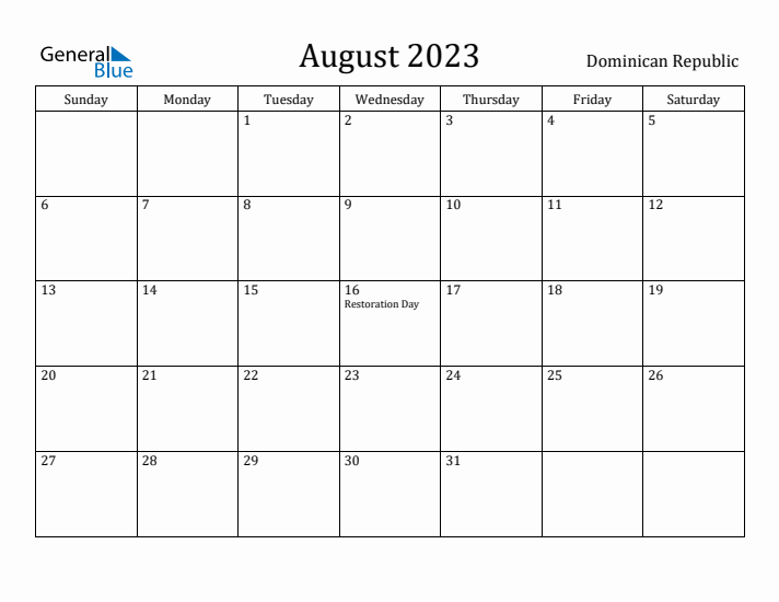 August 2023 Calendar Dominican Republic