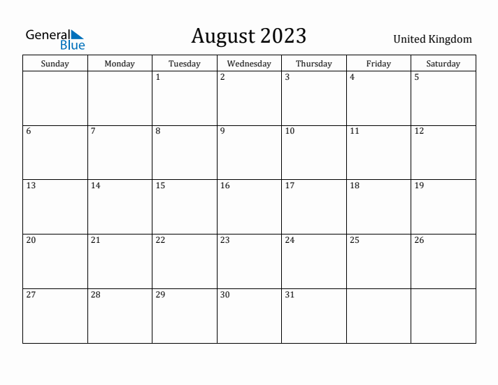 August 2023 Calendar United Kingdom