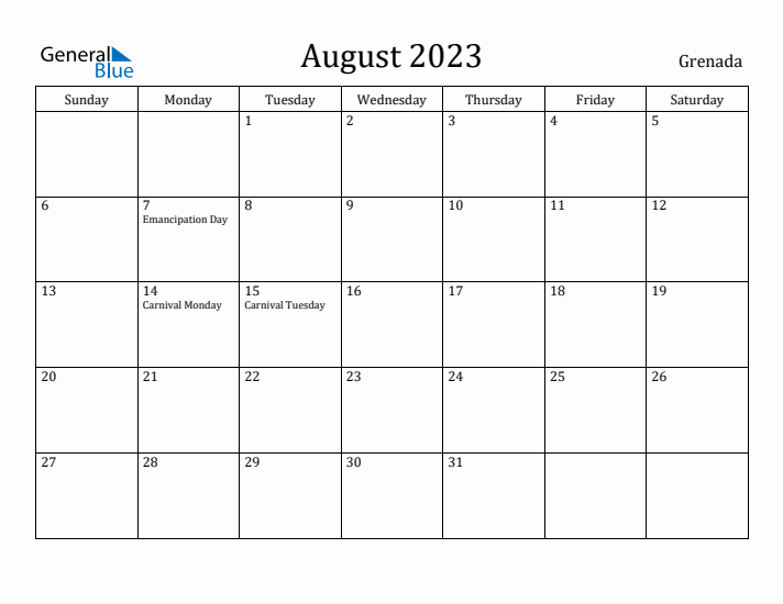 August 2023 Calendar Grenada