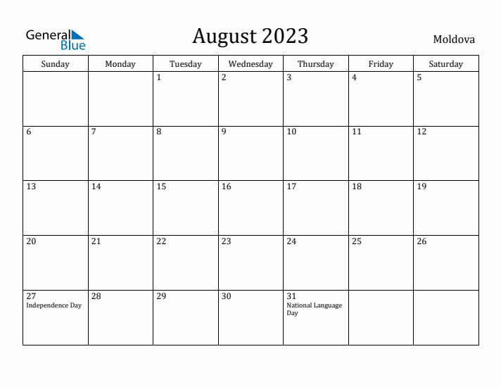 August 2023 Calendar Moldova