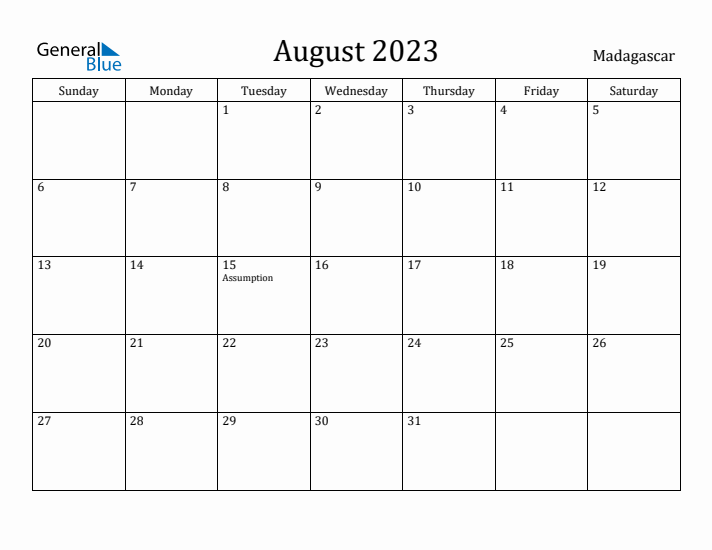 August 2023 Calendar Madagascar