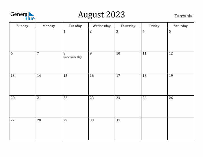 August 2023 Calendar Tanzania