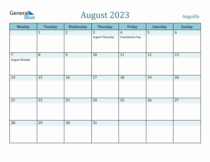 August 2023 Calendar with Holidays