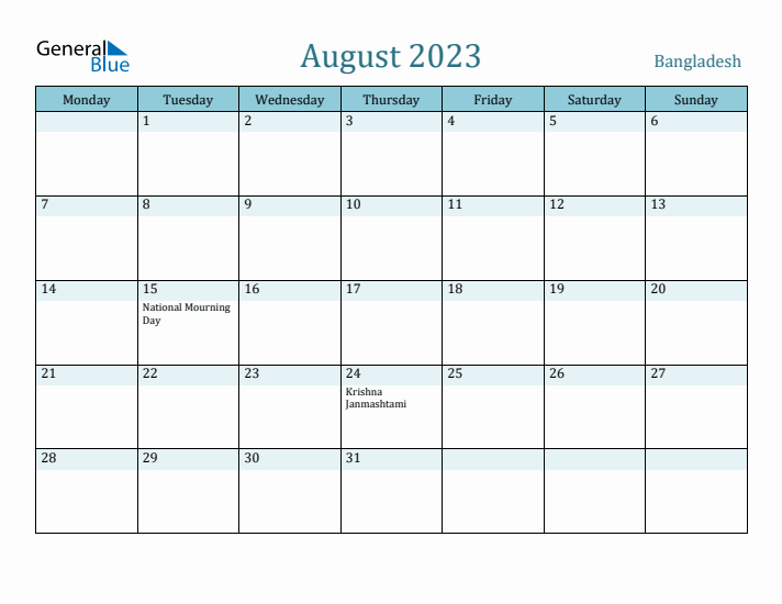 August 2023 Calendar with Holidays