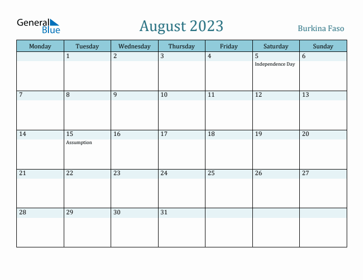 August 2023 Calendar with Holidays