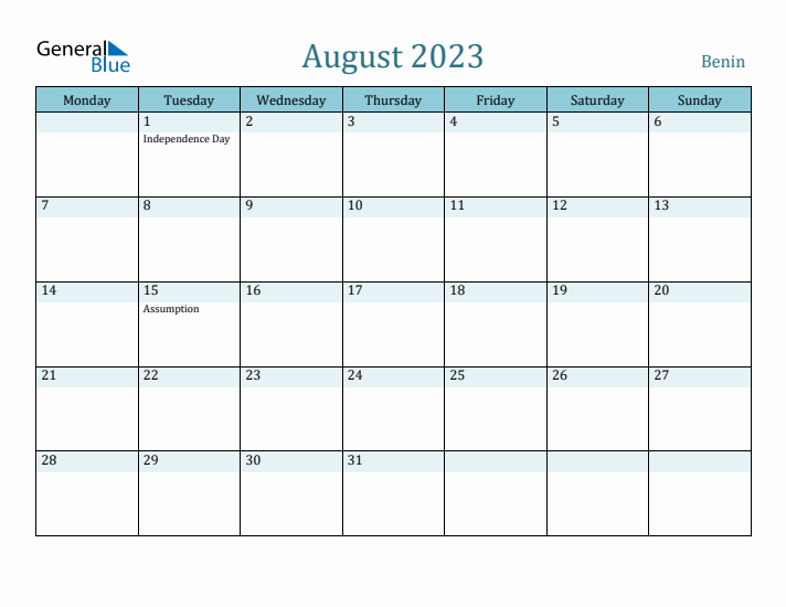 August 2023 Calendar with Holidays