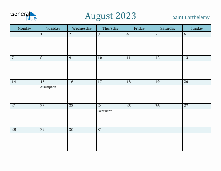 August 2023 Calendar with Holidays