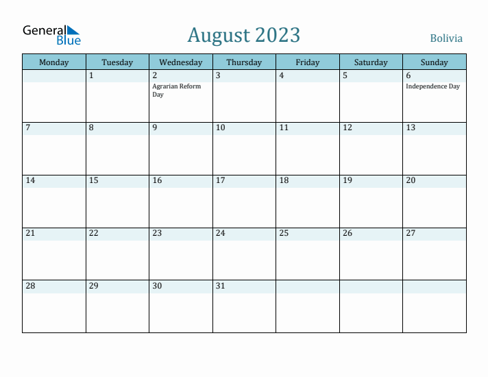 August 2023 Calendar with Holidays