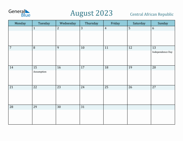 August 2023 Calendar with Holidays