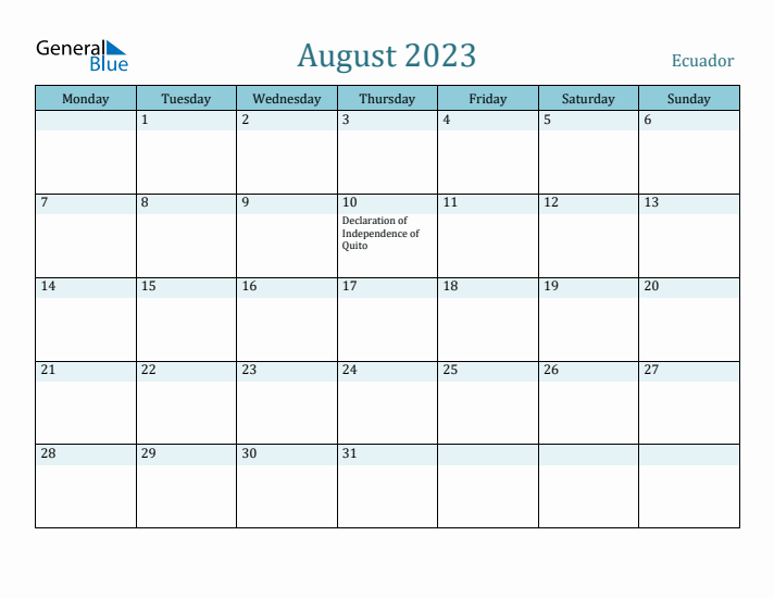 August 2023 Calendar with Holidays