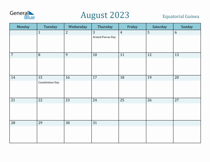 August 2023 Calendar with Holidays