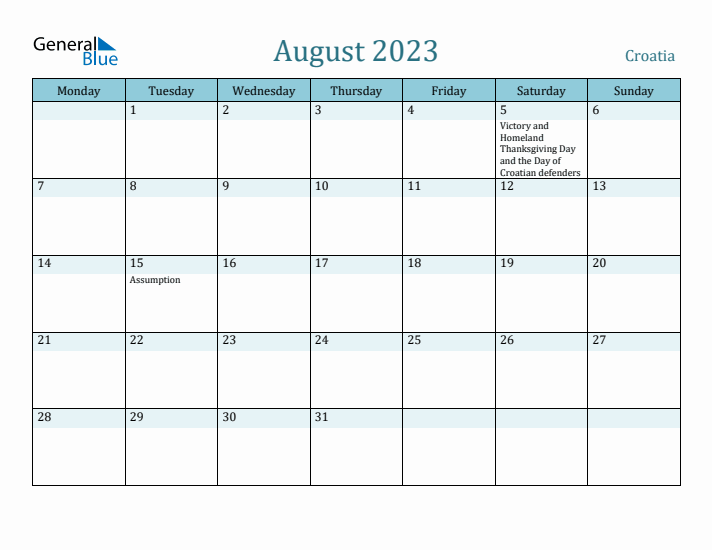 August 2023 Calendar with Holidays