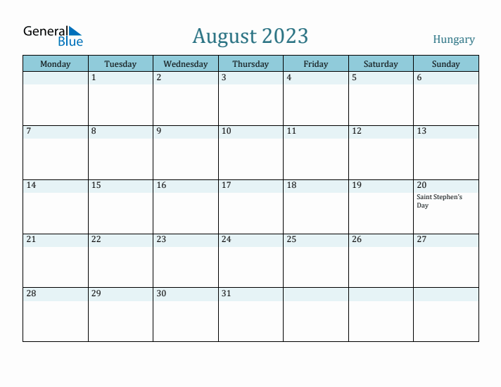 August 2023 Calendar with Holidays