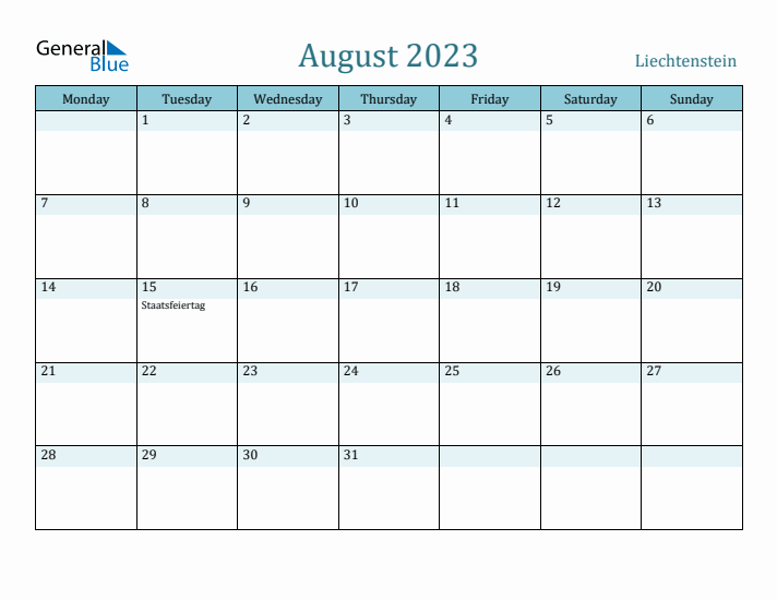 August 2023 Calendar with Holidays