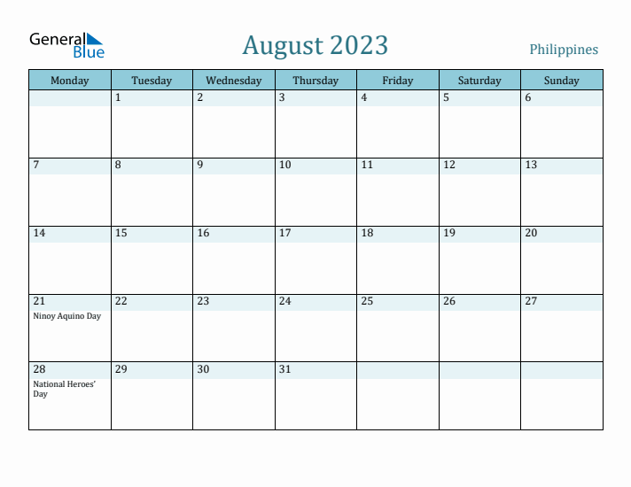 August 2023 Calendar with Holidays