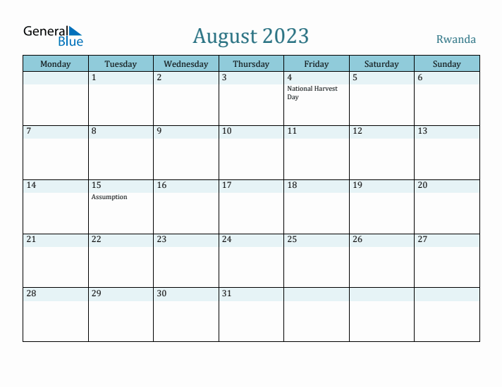 August 2023 Calendar with Holidays