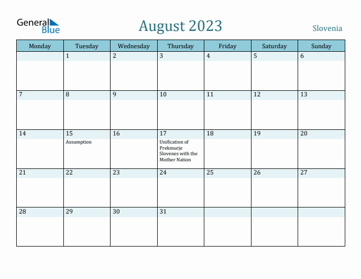 August 2023 Calendar with Holidays