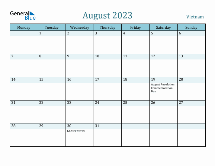 August 2023 Calendar with Holidays