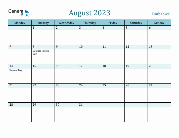 August 2023 Calendar with Holidays