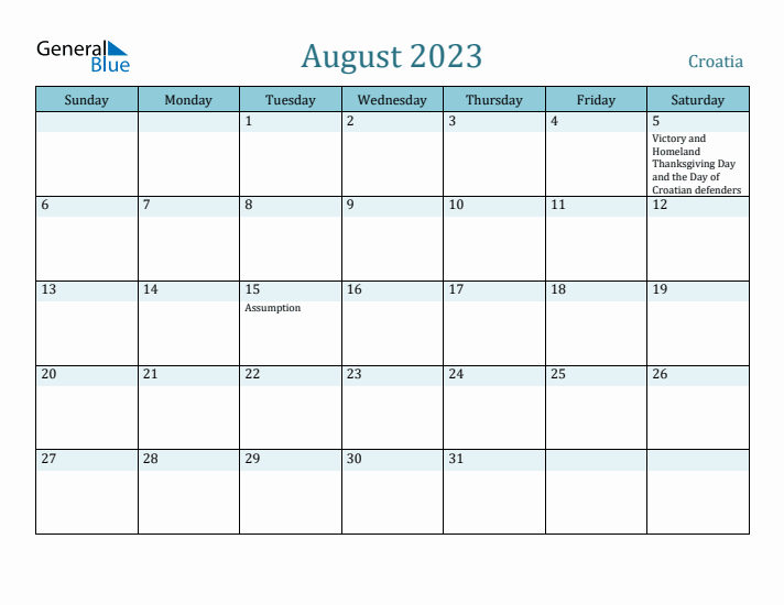 August 2023 Calendar with Holidays