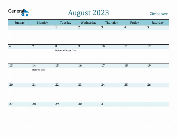 August 2023 Calendar with Holidays