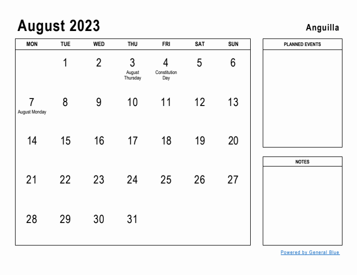 August 2023 Printable Monthly Calendar with Anguilla Holidays