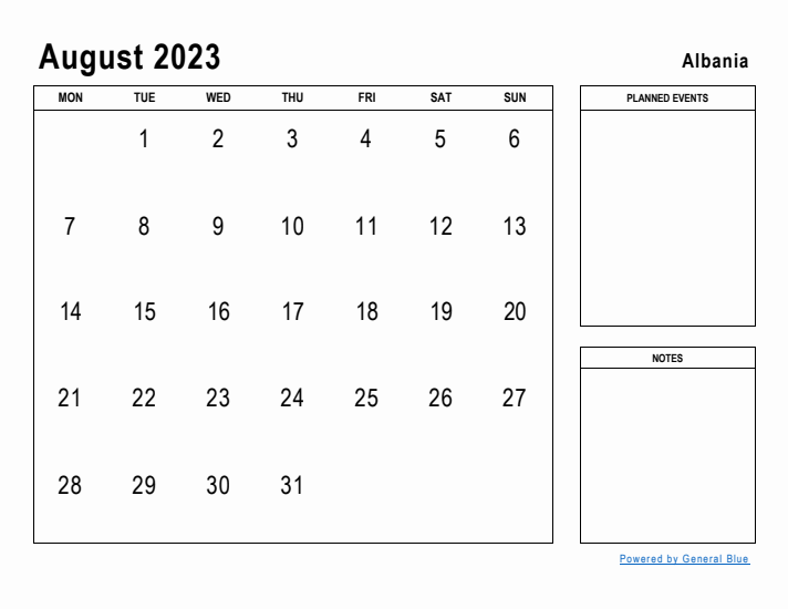 August 2023 Printable Monthly Calendar with Albania Holidays