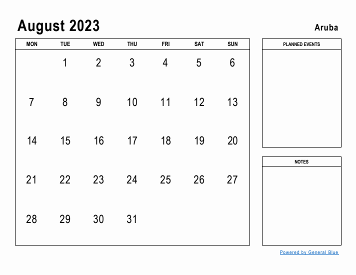 August 2023 Printable Monthly Calendar with Aruba Holidays