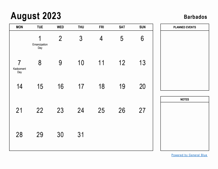 August 2023 Printable Monthly Calendar with Barbados Holidays