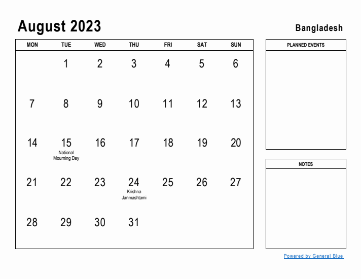 August 2023 Printable Monthly Calendar with Bangladesh Holidays