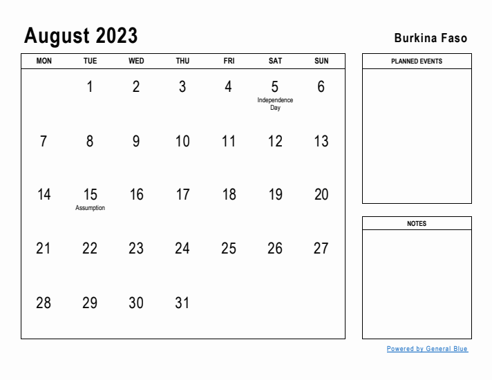 August 2023 Printable Monthly Calendar with Burkina Faso Holidays