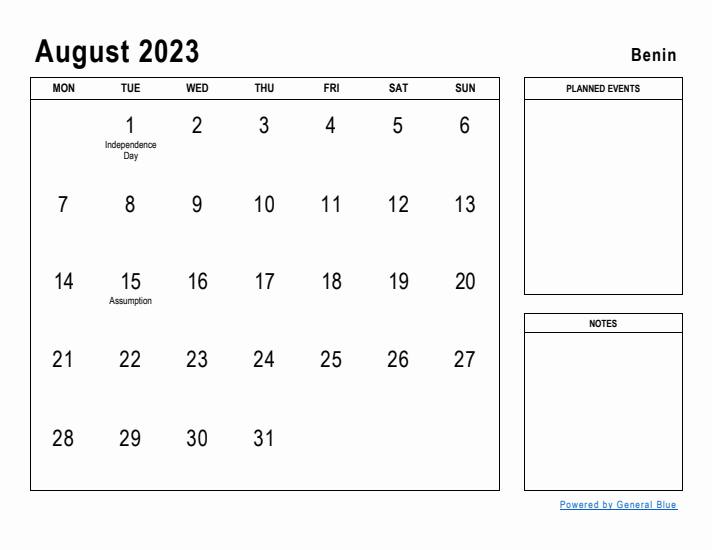 August 2023 Printable Monthly Calendar with Benin Holidays