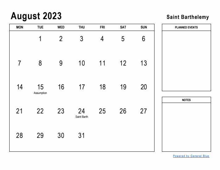 August 2023 Printable Monthly Calendar with Saint Barthelemy Holidays