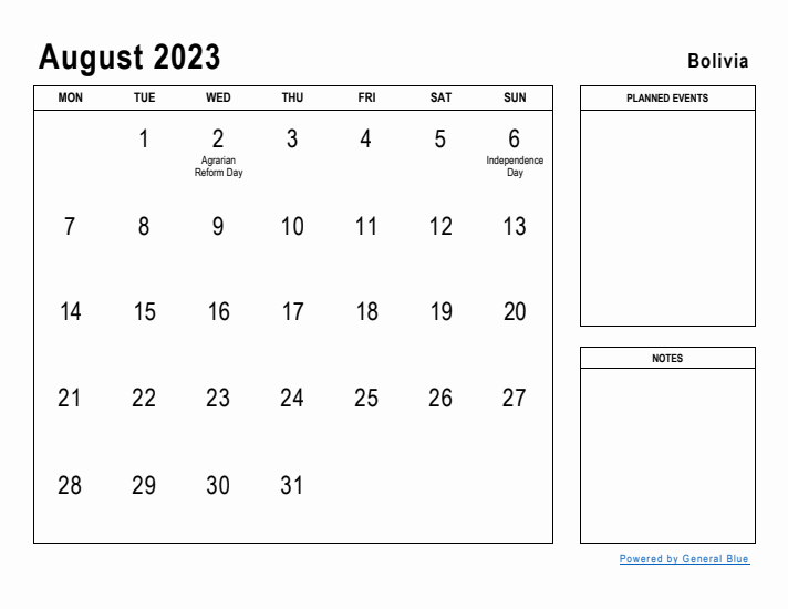 August 2023 Printable Monthly Calendar with Bolivia Holidays