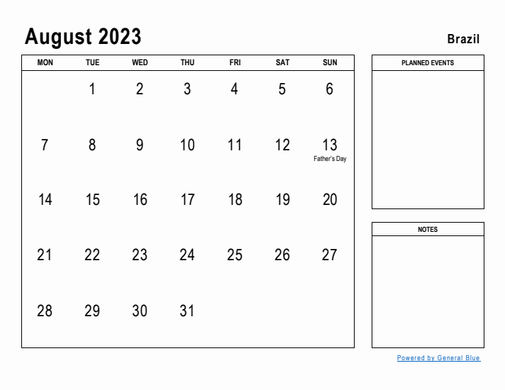 August 2023 Printable Monthly Calendar with Brazil Holidays