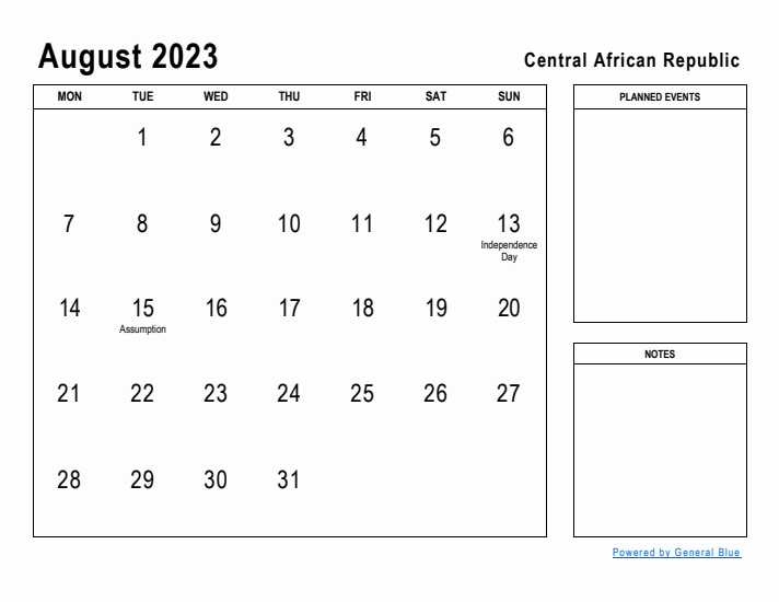 August 2023 Printable Monthly Calendar with Central African Republic Holidays