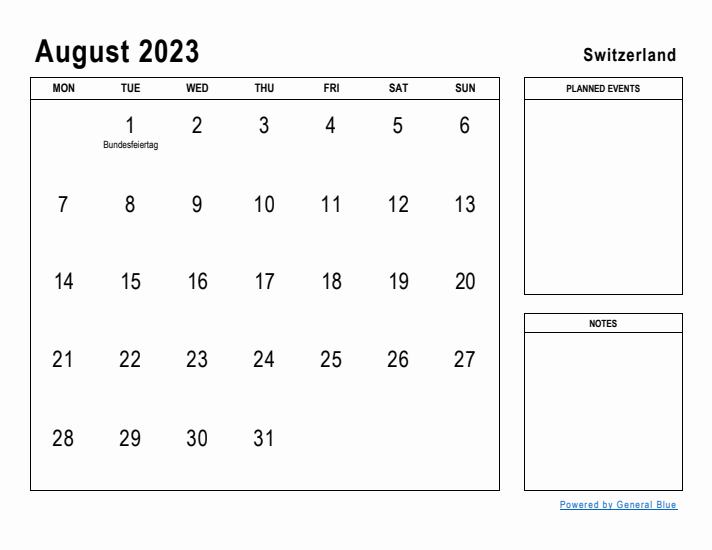 August 2023 Printable Monthly Calendar with Switzerland Holidays