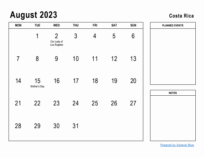 August 2023 Printable Monthly Calendar with Costa Rica Holidays