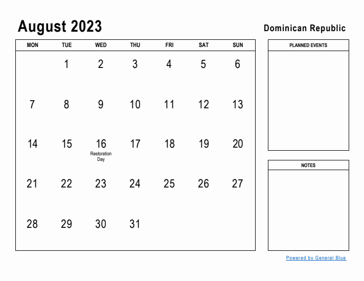 August 2023 Printable Monthly Calendar with Dominican Republic Holidays