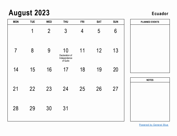 August 2023 Printable Monthly Calendar with Ecuador Holidays