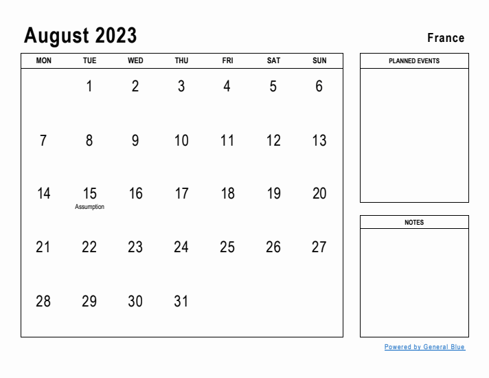 August 2023 Printable Monthly Calendar with France Holidays